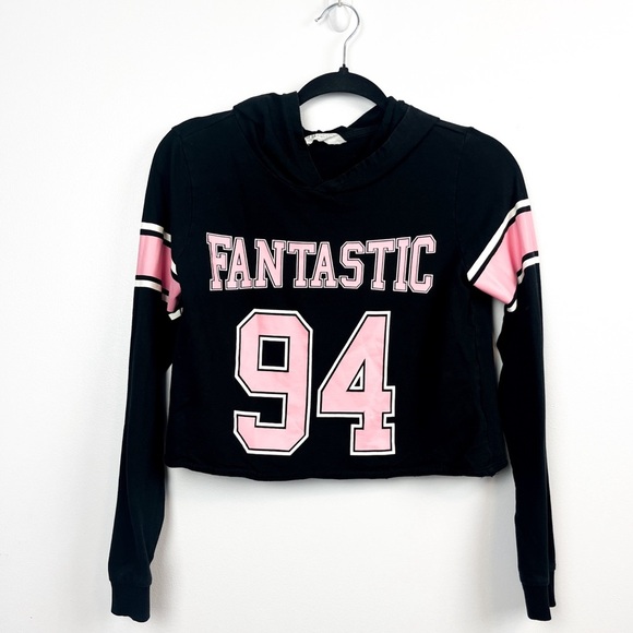 H&M Long Sleeve Crop Top Hoodie, Fantastic 94 in Black, Pink & White - Picture 1 of 11